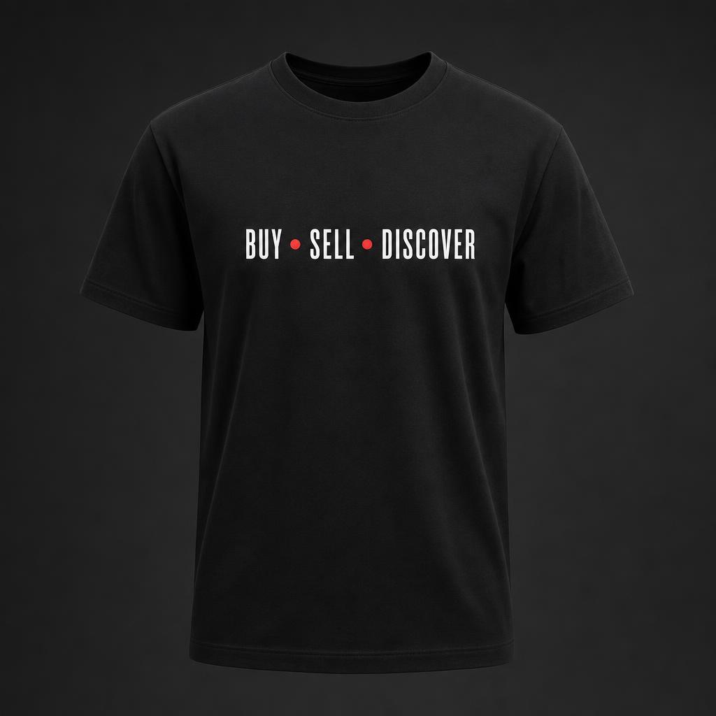 Max Lots Buy Sell Discover Tee — Jet Black, front